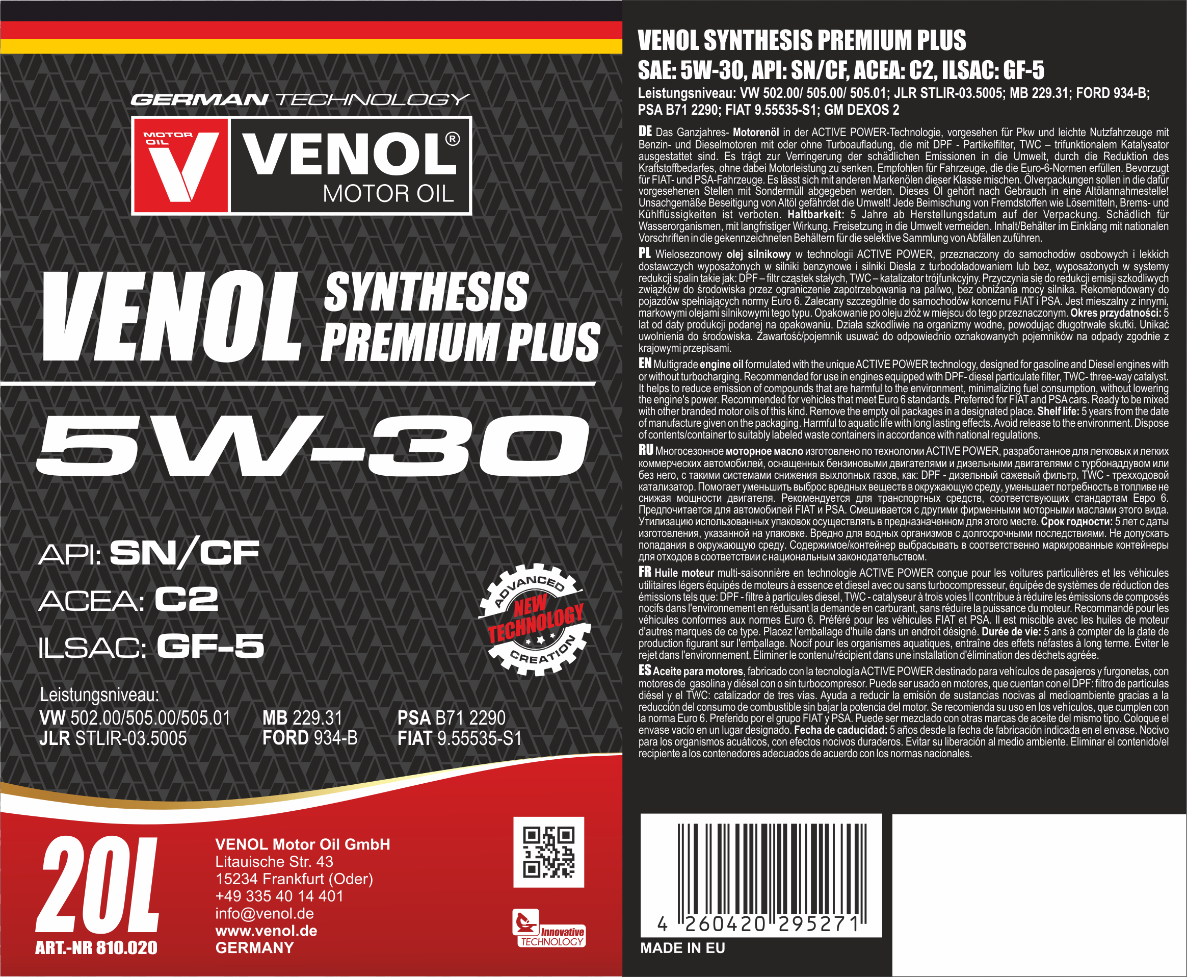 VENOL  SYNTHESIS PREMIUM PLUS SN CF 5W30 C2_20L
